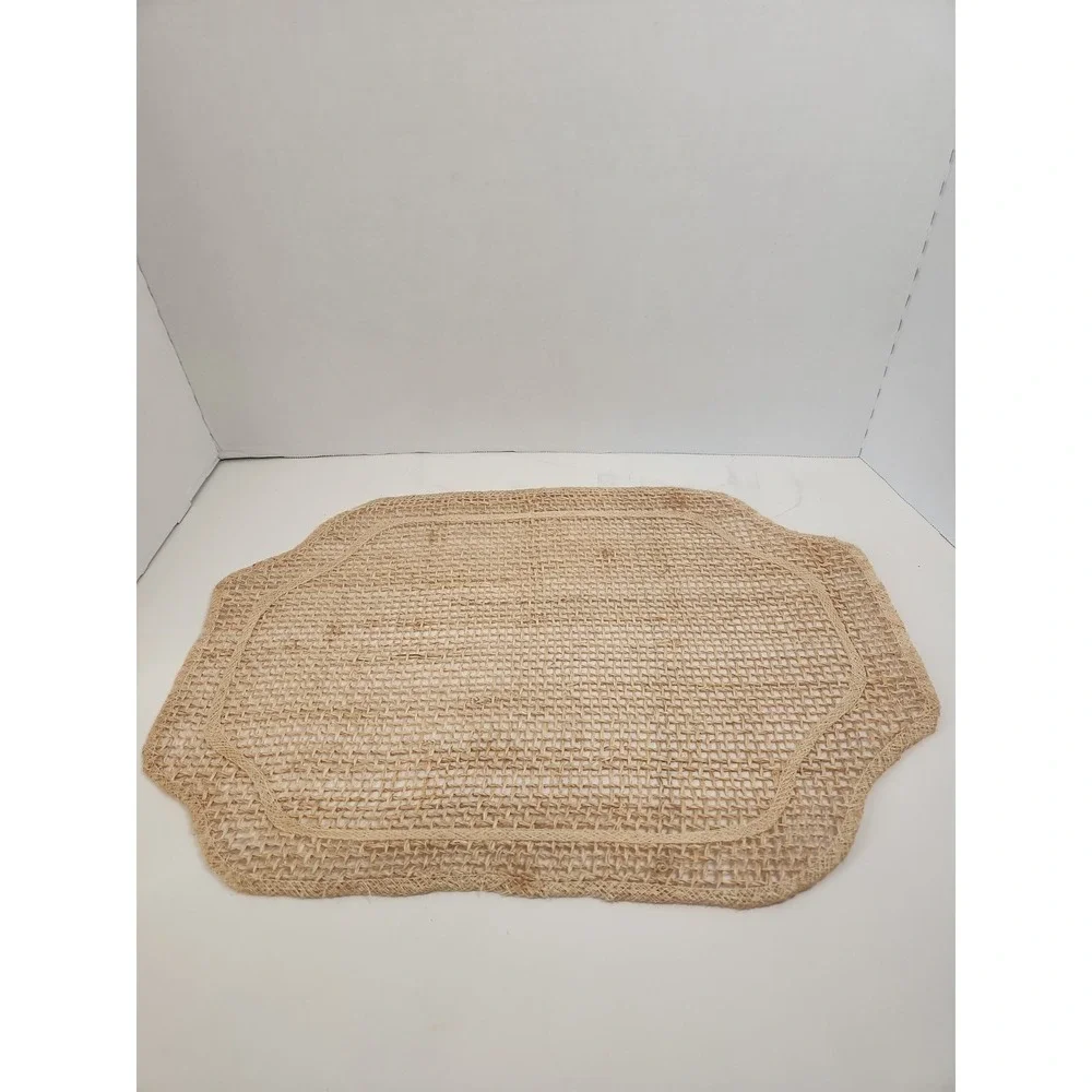 Vintage 70s Raffia Mesh Placemats Set of 4 Solid Natural Woven Scalloped Boho